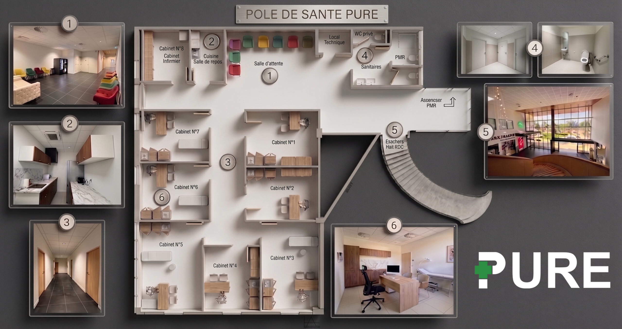 Plan 3D du Pôle de Santé Pure : 8 cabinets, salle d'attente et accès PMR. Description détaillée ci-après.
